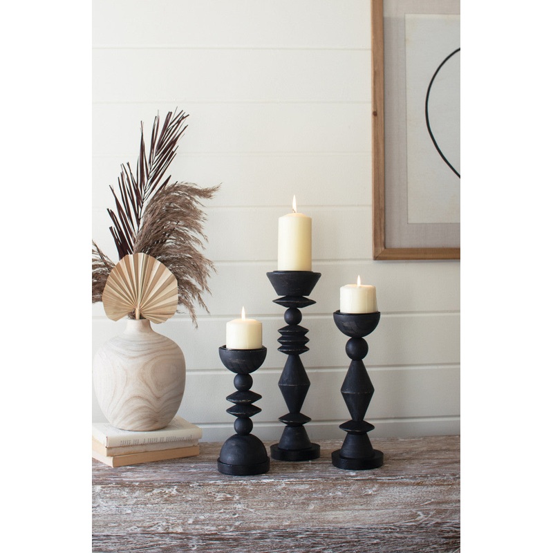 Turned Wood Candle Holders - Black Set Of 3 By Kalalou