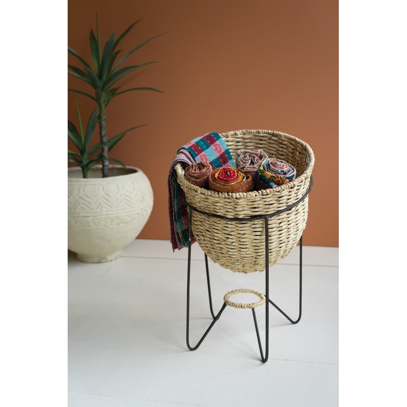 Woven Seagrass Display Basket With Angled Metal Stand By Kalalou