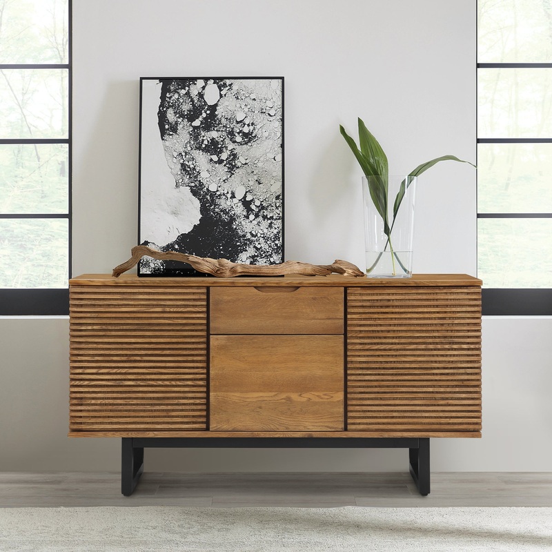 Aldo Brown Oak Sideboard Buffet Cabinet in Brown Oak Wood with Black Metal Legs By Armen Living
