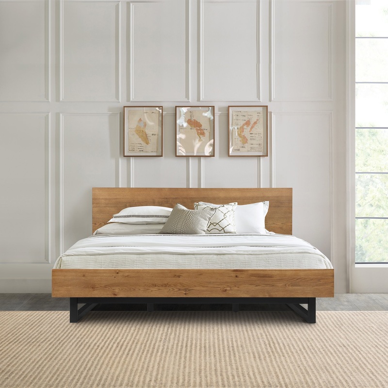 Aldo King Size Brown Oak Wood Platform Bed Frame with Black Metal Legs By Armen Living