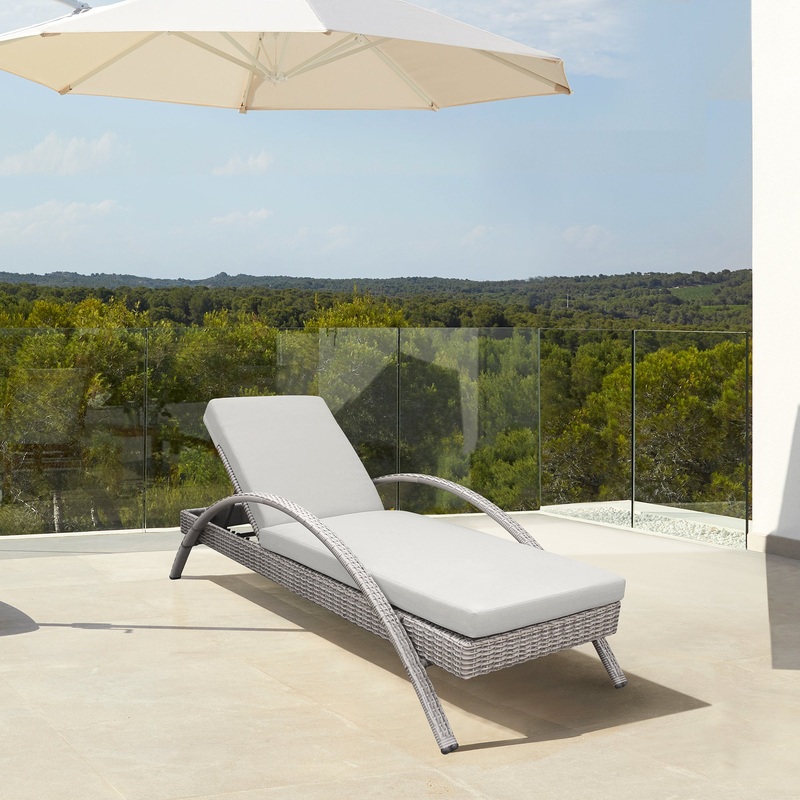 Aloha Adjustable Patio Outdoor Chaise Lounge Chair in Grey Wicker and Cushions By Armen Living