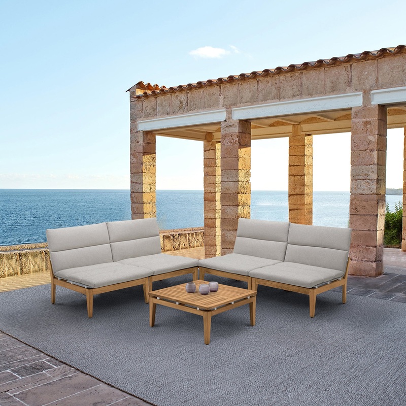Arno Outdoor 5 Piece Teak Wood Seating Set in Beige Olefin By Armen Living