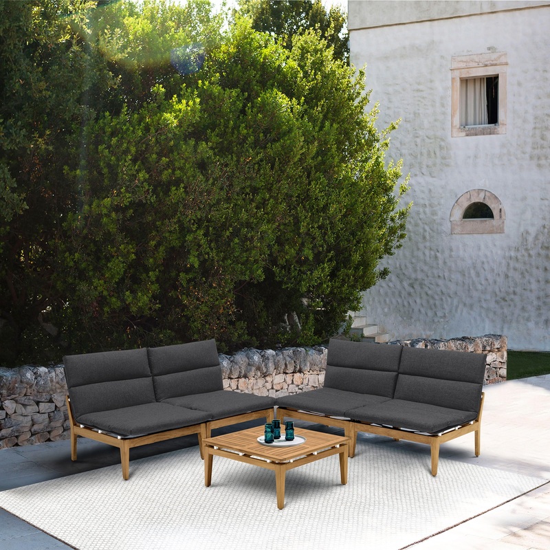 Arno Outdoor 5 Piece Teak Wood Seating Set in Charcoal Olefin By Armen Living