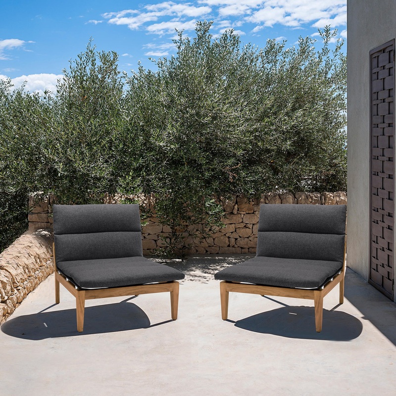 Arno Outdoor Modular Teak Wood Lounge Chair with Charcoal Olefin - Set of 2 By Armen Living
