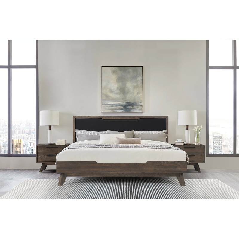 Astoria King Platform Bed Frame in Oak with Black Faux Leather  By Armen Living