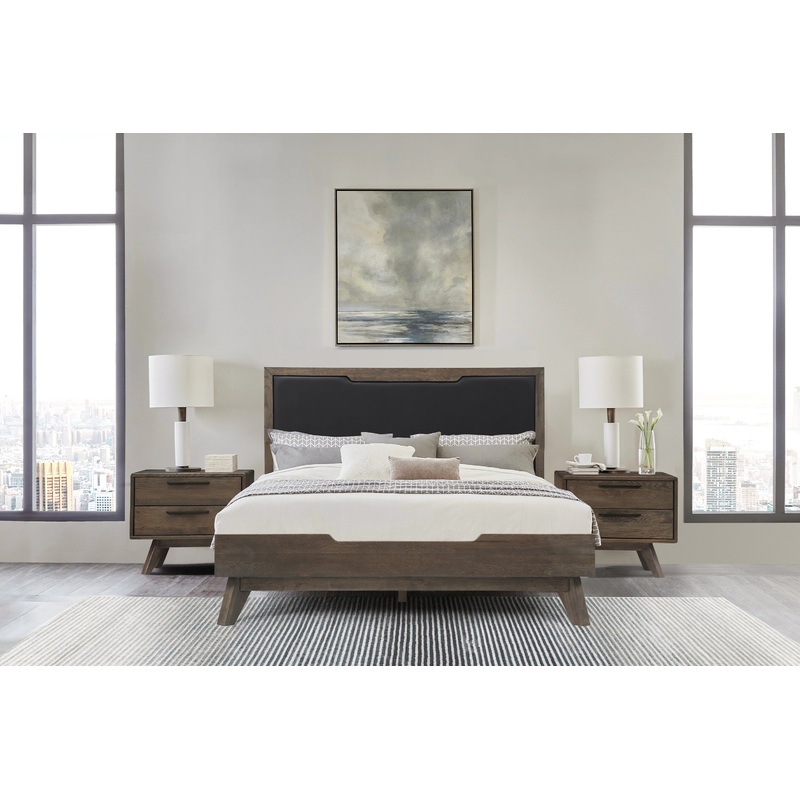 Astoria Queen Platform Bed Frame in Oak with Black Faux Leather  By Armen Living