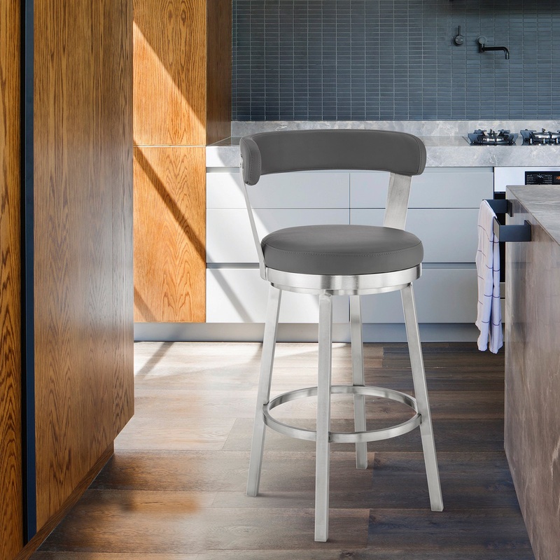 Bryant 26" Counter Height Swivel Bar Stool in Brushed Stainless Steel Finish and Gray Faux Leather By Armen Living