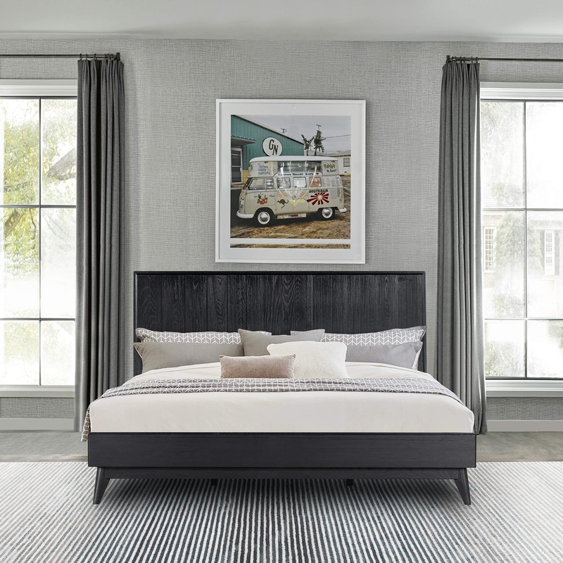 Carnaby King Platform Bed Frame in Black Brushed Oak Wood By Armen Living