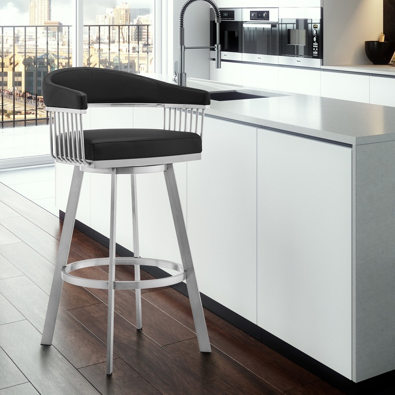 Chelsea 26" Black Faux Leather and Brushed Stainless Steel Swivel Bar Stool By Armen Living