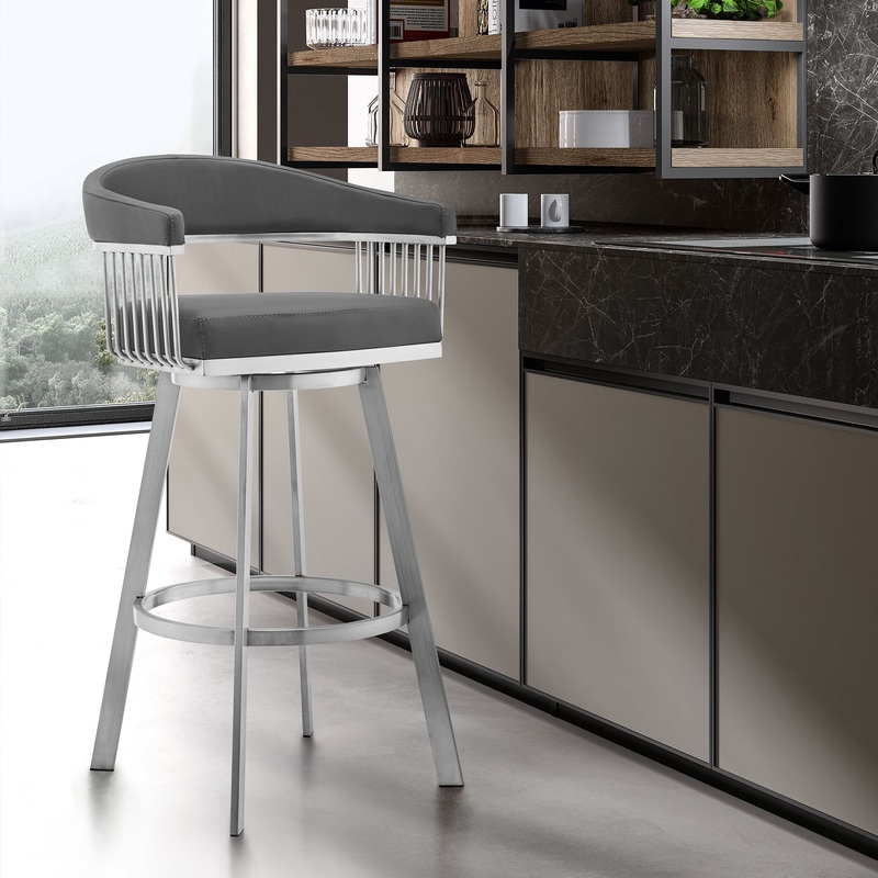 Chelsea 26" Gray Faux Leather and Brushed Stainless Steel Swivel Bar Stool By Armen Living
