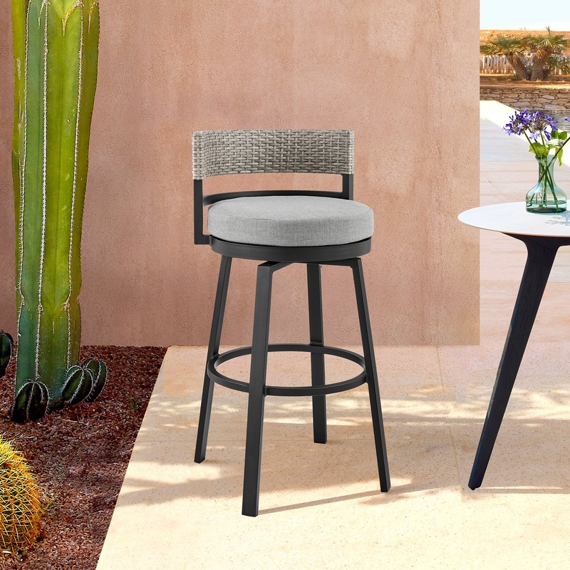 Encinitas Outdoor Patio Counter Height Swivel Bar Stool in Aluminum and Wicker with Grey Cushions By Armen Living