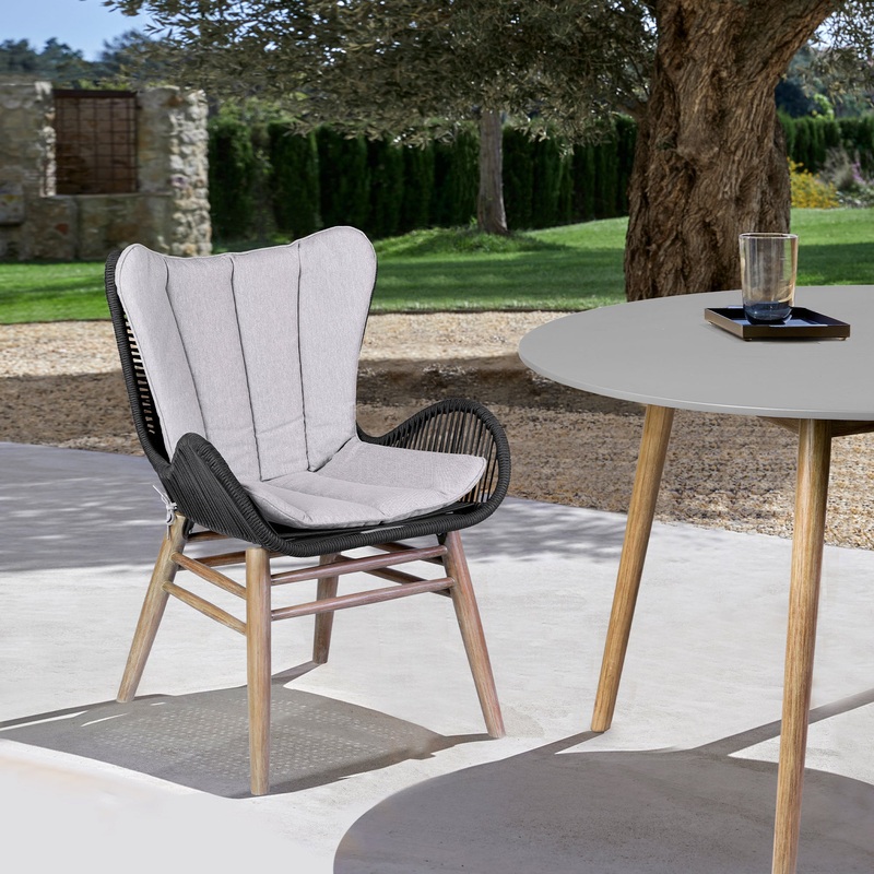 Fanny Outdoor Patio Dining Chair in Light Eucalyptus Wood and Charcoal Rope By Armen Living