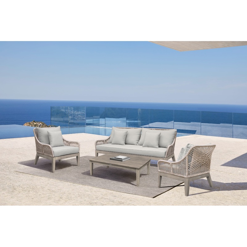 Hawaii 4 Piece Outdoor Patio Furniture Set in Acacia Wood and Rope with Grey Cushions By Armen Living