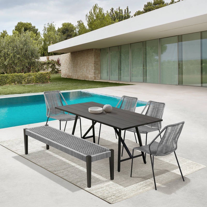 Koala Clip and Camino 6 Piece Outdoor Dining Set in Dark Eucalyptus with Grey Rope By Armen Living