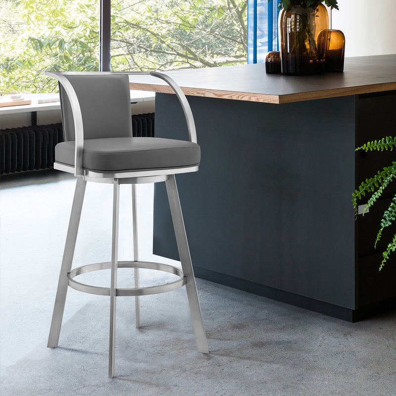 Livingston 30" Gray Faux Leather and Brushed Stainless Steel Swivel Bar Stool By Armen Living