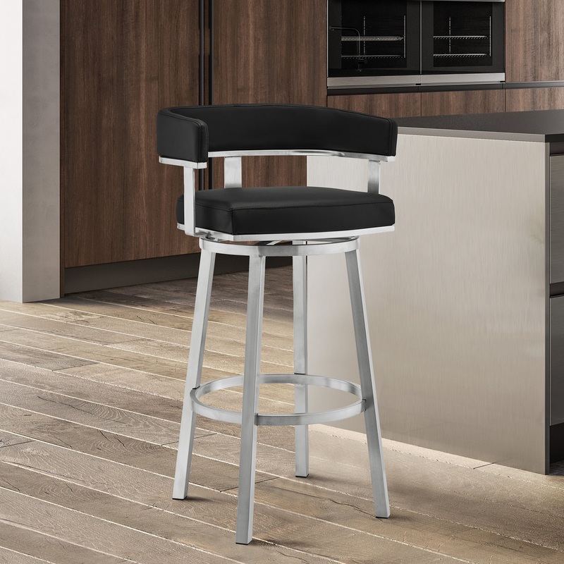 Lorin 26" Black Faux Leather and Brushed Stainless Steel Swivel Bar Stool By Armen Living