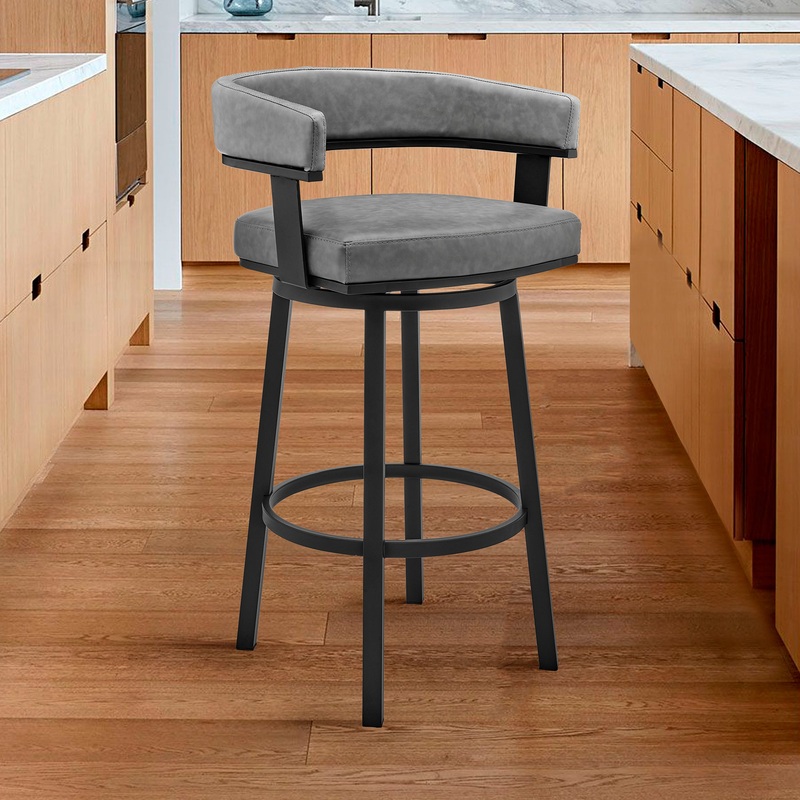 Lorin 26" Counter Height Swivel Bar Stool in Black Finish and Gray Faux Leather By Armen Living