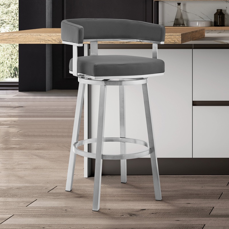 Lorin 26" Gray Faux Leather and Brushed Stainless Steel Swivel Bar Stool By Armen Living