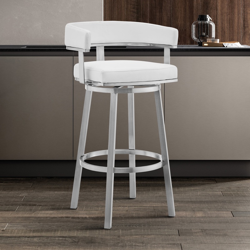 Lorin 26" White Faux Leather and Brushed Stainless Steel Swivel Bar Stool By Armen Living