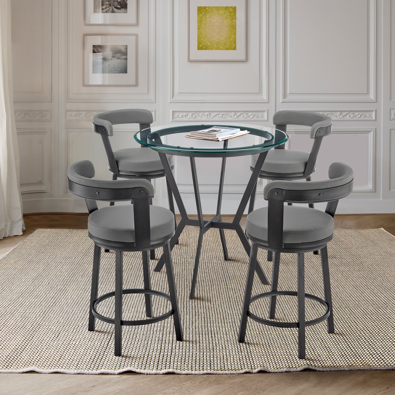 Naomi and Bryant 5-Piece Counter Height Dining Set in Black Metal and Grey Faux Leather By Armen Living