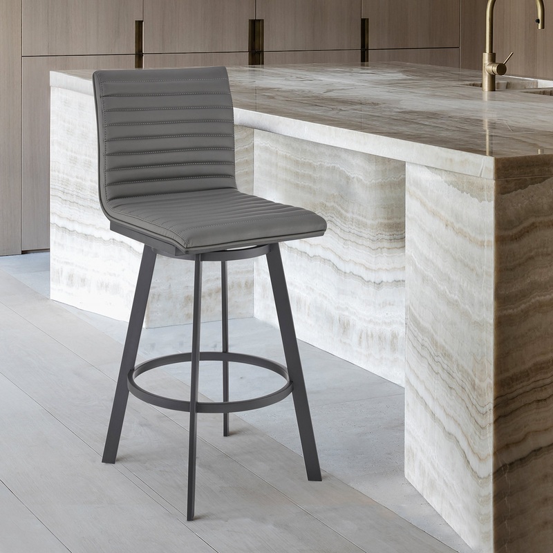 Nikole 26" Counter Height Swivel Bar Stool in Matt Black Finish with Gray Faux Leather By Armen Living