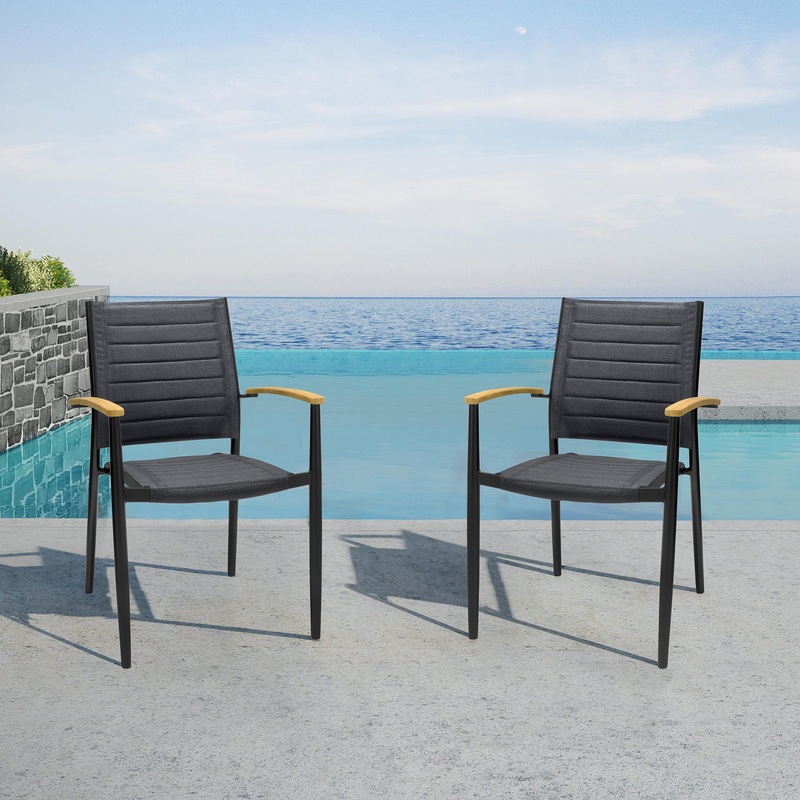 Portals Outdoor Black Aluminum Stacking Dining Chair with Teak Arms - Set of 2 By Armen Living