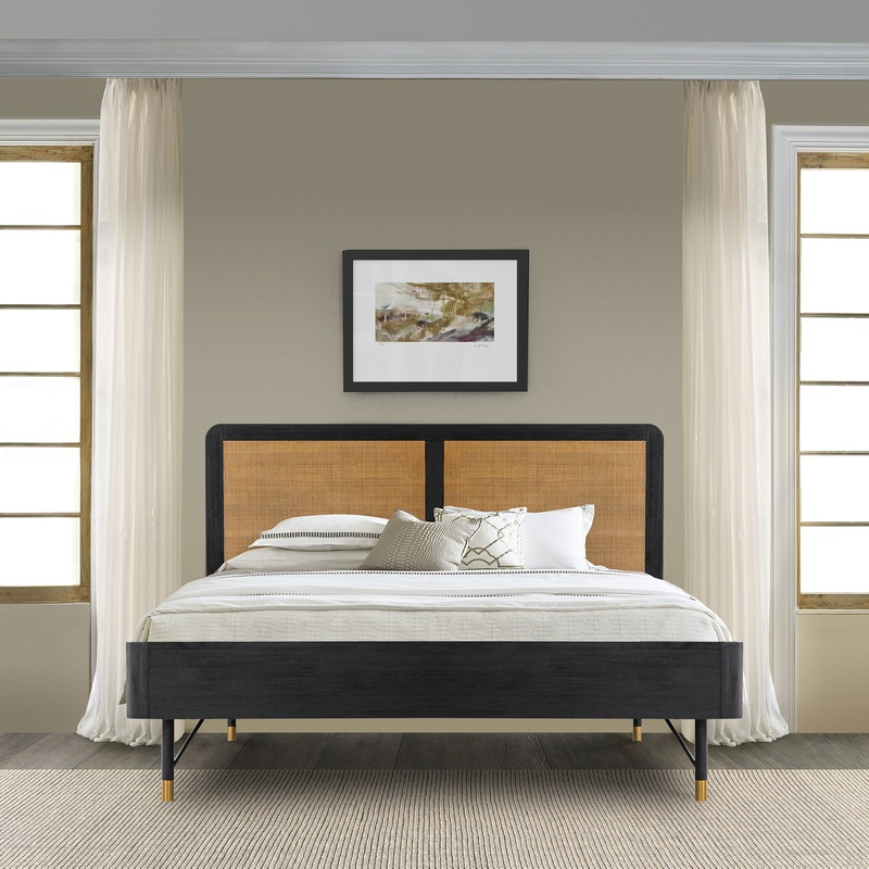 Saratoga King Platform Frame Bed in Black Acacia with Rattan Headboard By Armen Living