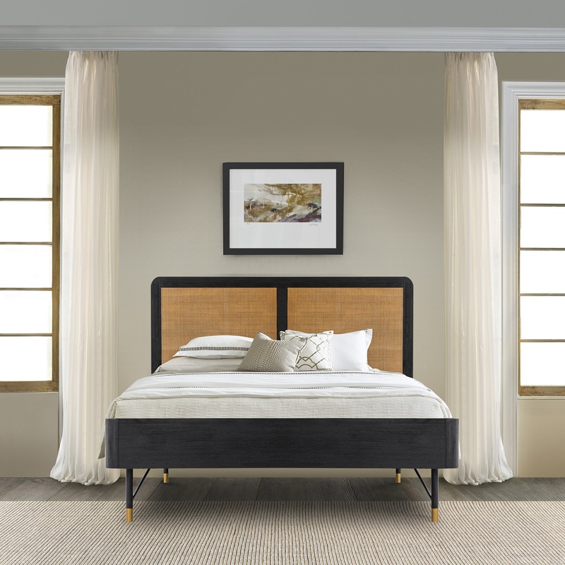 Saratoga Queen Platform Frame Bed in Black Acacia with Rattan Headboard By Armen Living