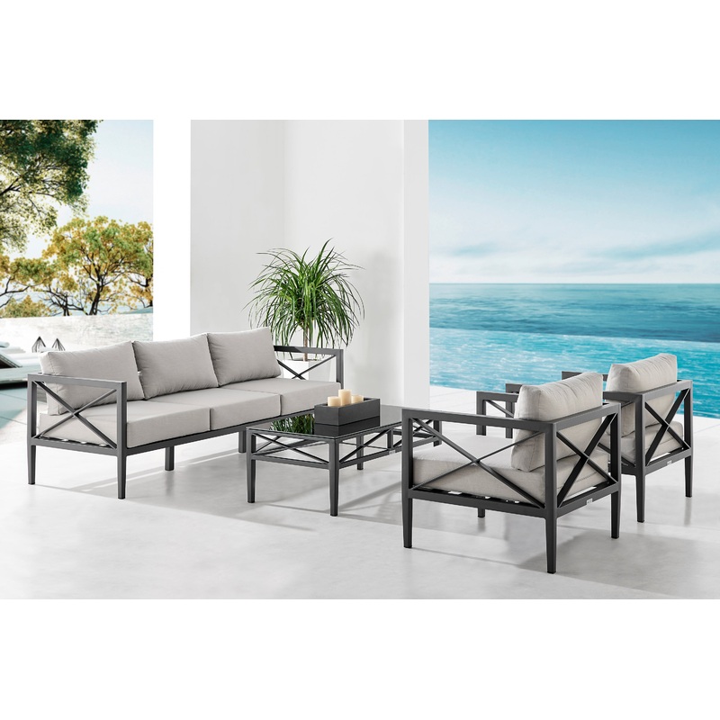 Sonoma Outdoor 4 piece Set in Dark Grey Finish and Light Grey Cushions By Armen Living