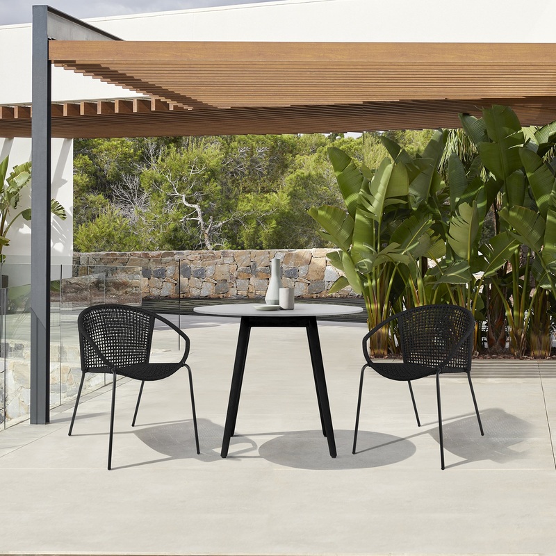 Sydney and Snack 3 Piece Outdoor Patio 36" Dining Set in Black Eucalyptus Wood and Black Rope By Armen Living