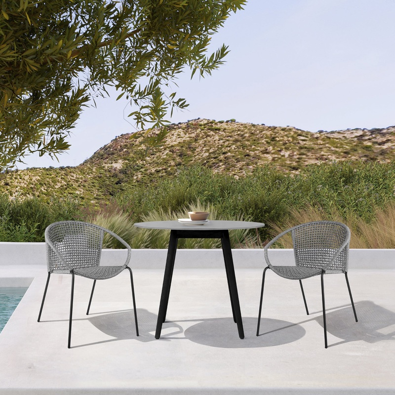 Sydney and Snack 3 Piece Outdoor Patio 36" Dining Set in Black Eucalyptus Wood and Grey Rope By Armen Living