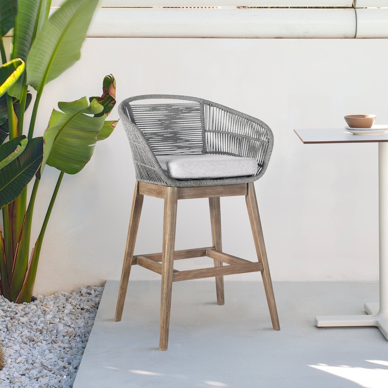 Tutti Frutti Indoor Outdoor Counter Height Bar Stool in Aged Teak Wood with Grey Rope By Armen Living