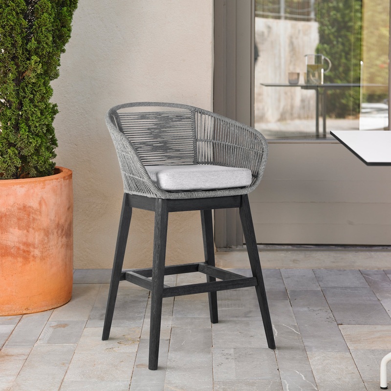 Tutti Frutti Indoor Outdoor Counter Height Bar Stool in Black Brushed Wood with Grey Rope By Armen Living