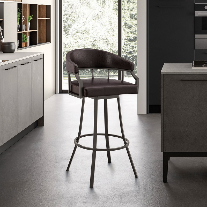 Valerie 26" Swivel Brown Faux Leather and Java Brown Metal Bar Stool By Armen Living