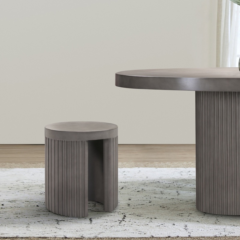Wave Round Indoor or Outdoor Accent Stool End Table in Grey Concrete By Armen Living