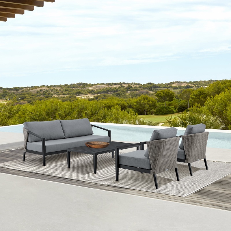 Aileen Outdoor Patio 4-Piece Lounge Set in Aluminum and Wicker with Grey Cushions By Armen Living
