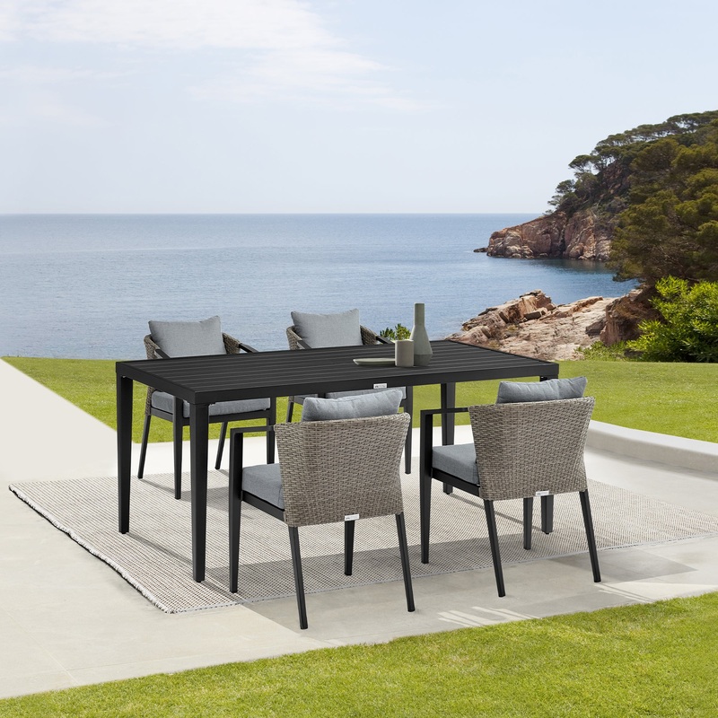 Aileen Outdoor Patio 5-Piece Dining Table Set in Aluminum and Wicker with Grey Cushions By Armen Living