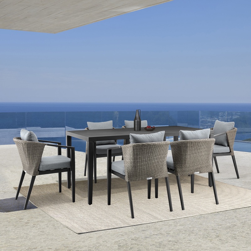 Aileen Outdoor Patio 7-Piece Dining Table Set in Aluminum and Wicker with Grey Cushions By Armen Living