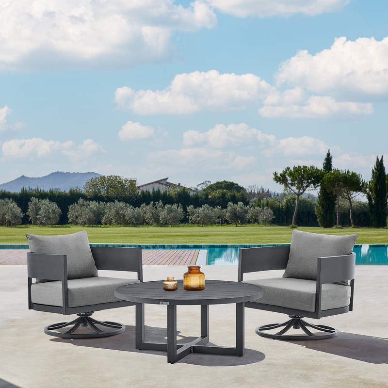 Argiope 3 Piece Patio Outdoor Swivel Seating Set in Dark Grey Aluminum with Grey Cushions By Armen Living