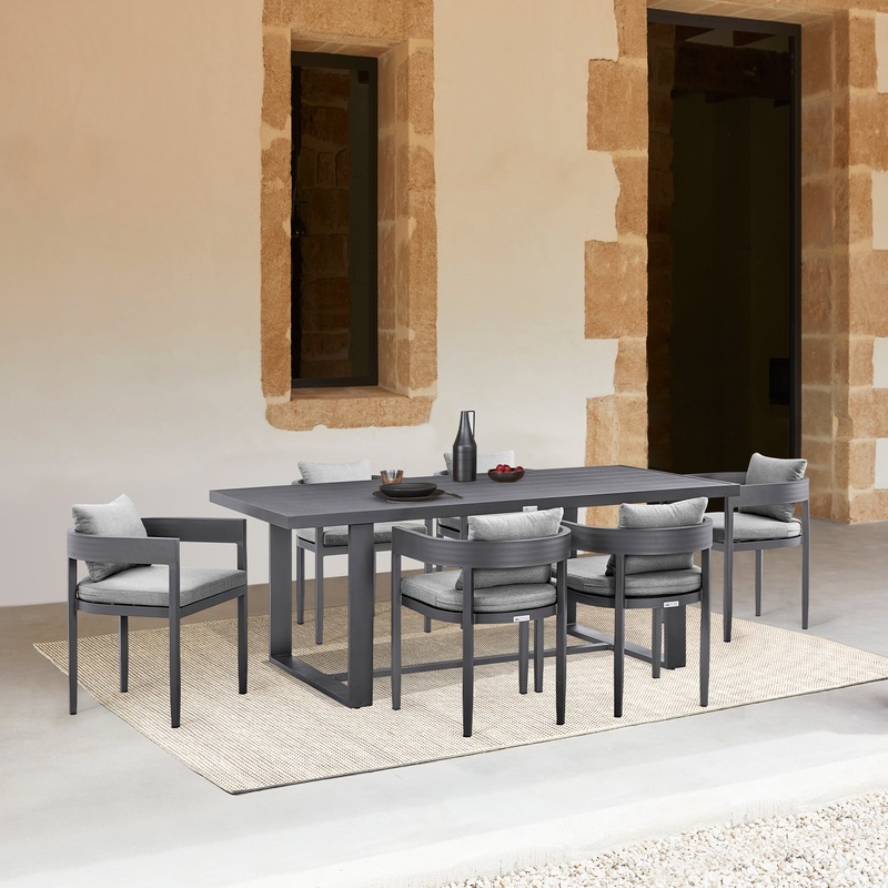 Argiope Outdoor Patio 7-Piece Dining Table Set in Aluminum with Grey Cushions By Armen Living