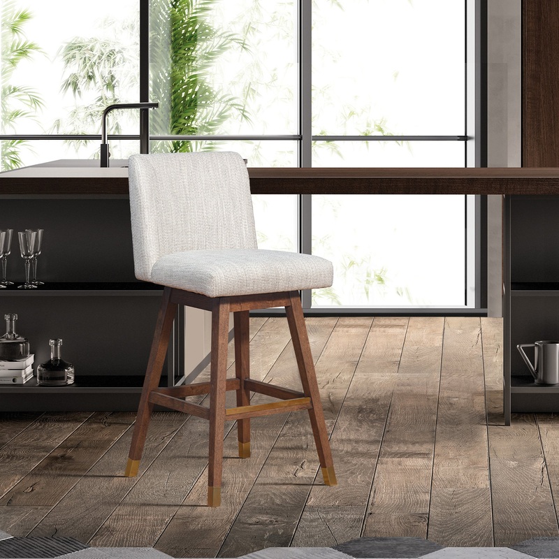 Basila Swivel Bar Stool in Brown Oak Wood Finish with Beige Fabric By Armen Living