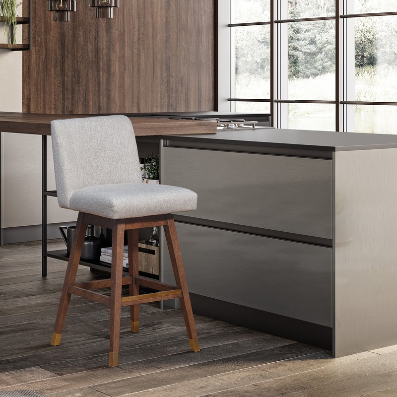 Basila Swivel Bar Stool in Brown Oak Wood Finish with Taupe Fabric By Armen Living