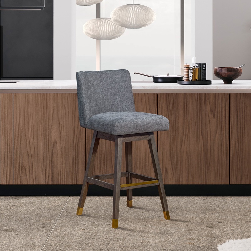 Basila Swivel Bar Stool in Grey Oak Wood Finish with Grey Fabric By Armen Living