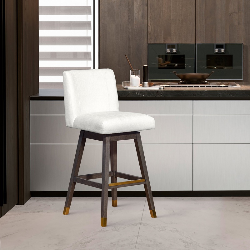 Basila Swivel Bar Stool in Grey Oak Wood Finish with Pearl Fabric By Armen Living