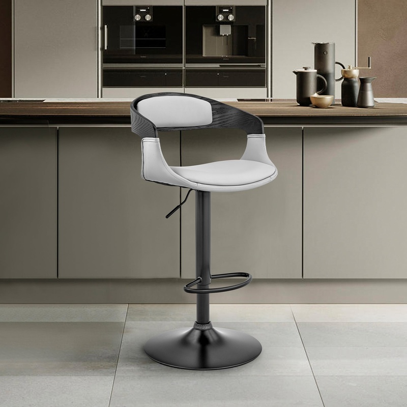 Benson Adjustable Gray Faux Leather and Black Wood Bar Stool with Black Base By Armen Living