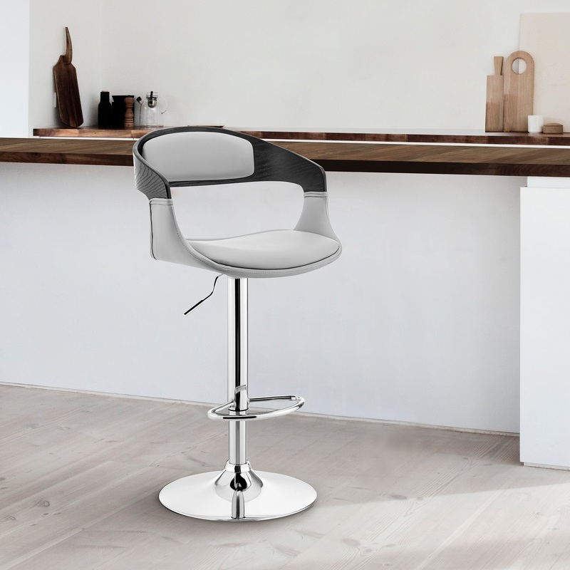 Benson Adjustable Gray Faux Leather and Black Wood Bar Stool with Chrome Base By Armen Living