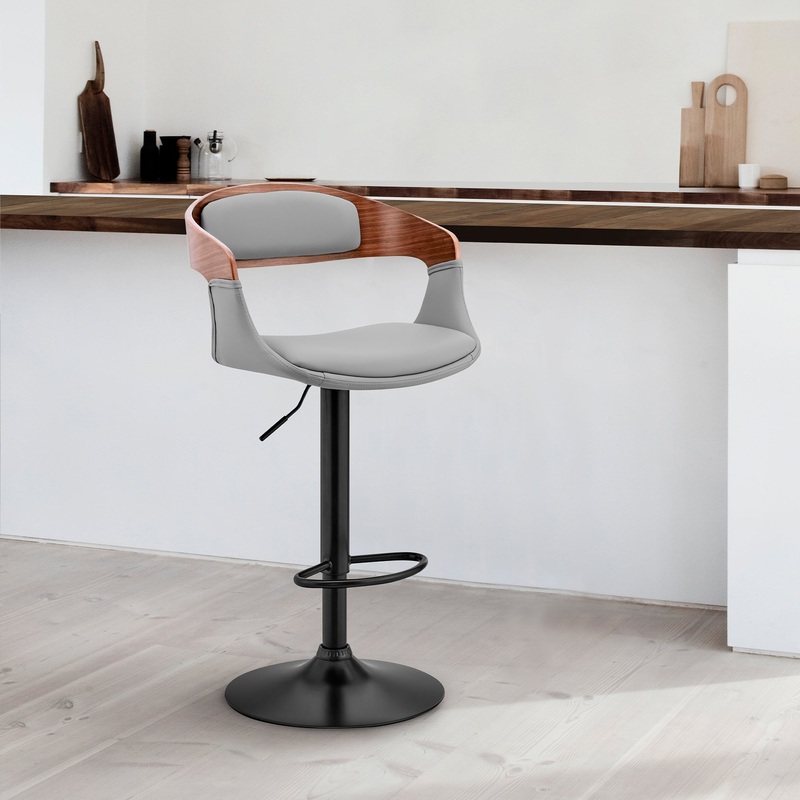 Benson Adjustable Gray Faux Leather and Walnut Wood Bar Stool with Black Base By Armen Living