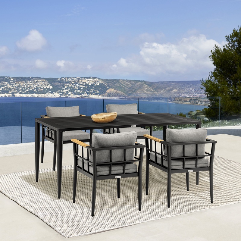 Beowulf Outdoor Patio 5-Piece Dining Table Set in Aluminum and Teak with Grey Cushions By Armen Living