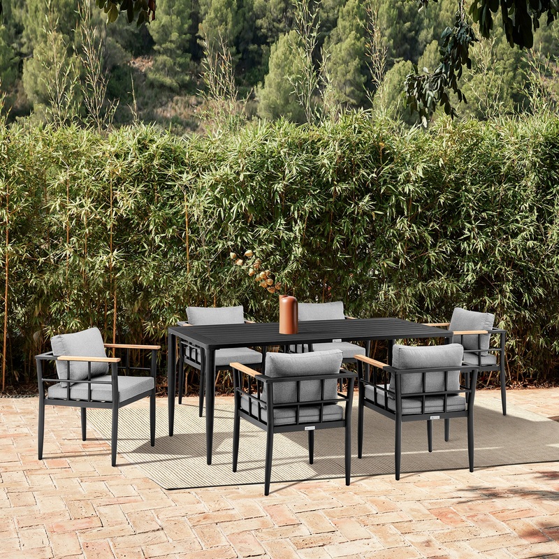 Beowulf Outdoor Patio 7-Piece Dining Table Set in Aluminum and Teak with Grey Cushions By Armen Living