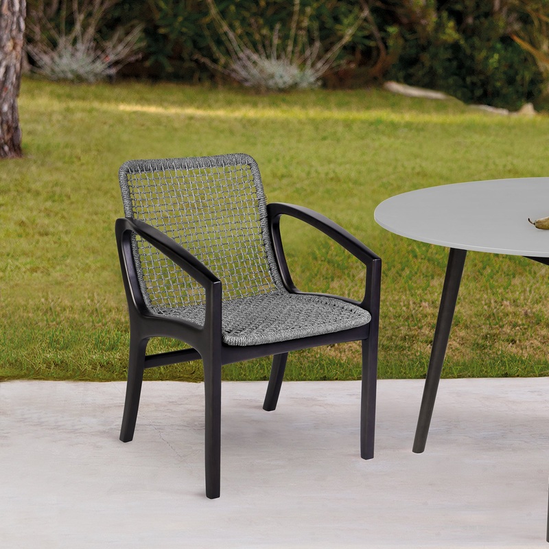 Brighton Outdoor Patio Dining Chair in Dark Eucalyptus Wood and Grey Rope By Armen Living